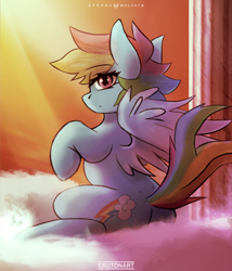 Size: 1024x1198 | Tagged: safe, artist:crutonart, artist:foxinshadow, derpibooru import, rainbow dash, pegasus, pony, collaboration, cloud, cloudsdale, cute, dusk, female, looking at you, mare, pillar, sitting, solo, sunset