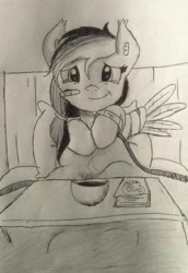 Size: 520x757 | Tagged: safe, artist:gingerthefox, derpibooru import, rainbow dash, pegasus, pony, hospital, monochrome, solo, traditional art