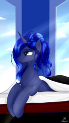 Size: 2160x3840 | Tagged: safe, artist:dashy21, princess luna, alicorn, pony, bed, bed mane, crepuscular rays, solo