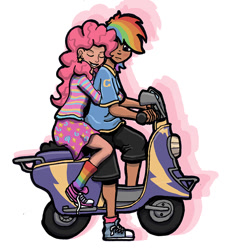 Size: 800x881 | Tagged: safe, artist:sensko, derpibooru import, pinkie pie, rainbow dash, human, blushing, clothes, converse, eyes closed, female, hug from behind, humanized, lesbian, moped, pinkiedash, riding in tandem, shipping, shoes