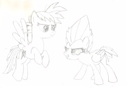 Size: 3205x2220 | Tagged: safe, artist:chronicle23, derpibooru import, lightning dust, rainbow dash, pegasus, pony, alternate hairstyle, dragon ball z, goku, monochrome, scouter, vegeta