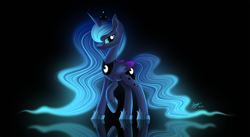 Size: 2500x1365 | Tagged: safe, artist:duskie-06, princess luna, alicorn, pony, black background, crown, female, looking at you, reflection, regalia, simple background, solo