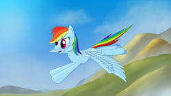Size: 2844x1600 | Tagged: safe, artist:crusierpl, rainbow dash, pegasus, pony, chest fluff, flying, mountain, solo, wallpaper