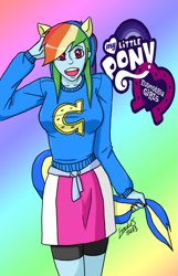 Size: 717x1115 | Tagged: safe, artist:vivalallama, rainbow dash, equestria girls, blue skin, clothes, female, multicolored hair, solo