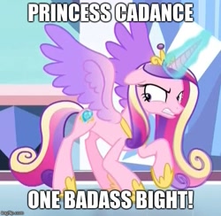 Size: 513x500 | Tagged: safe, edit, edited screencap, screencap, princess cadance, alicorn, pony, the beginning of the end, angry, badass, cadance is not amused, caption, colored wings, cropped, crystal, female, fighting stance, glowing horn, gradient wings, gritted teeth, image macro, magic, magic aura, mare, solo, spread wings, text, unamused, vulgar, wings