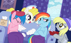 Size: 1588x956 | Tagged: safe, artist:sorcerushorserus, derpy hooves, firefly, rainbow dash, surprise, pegasus, pony, g1, blanket, bowl, box, cloud, cloudy, curtain, female, g1 to g4, generation leap, hat, ice pack, mare, nose blowing, nurse, sick, sofa, soup, sweat, thermometer, tissue, tissue box