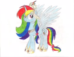 Size: 2194x1692 | Tagged: safe, artist:horsefan999, rainbow dash, alicorn, pony, alicornified, element of loyalty, princess, race swap, rainbowcorn, solo, traditional art