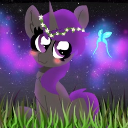 Size: 1000x1000 | Tagged: safe, artist:nootaz, oc, oc only, butterfly, blushing, floral head wreath, flower, grass, raffle prize, solo, stars