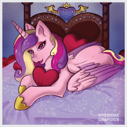 Size: 800x800 | Tagged: safe, artist:viperidaegraphics, princess cadance, alicorn, pony, bed, bedroom, bedroom eyes, cheek fluff, cute, cutedance, ear fluff, eyeshadow, female, heart, holiday, hoof shoes, leg fluff, looking at you, makeup, mare, missing accessory, on bed, open mouth, pillow, plot, prone, solo, speedpaint available, valentine's day, wing fluff
