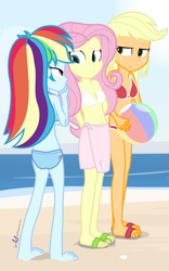 Size: 625x1000 | Tagged: safe, artist:dm29, derpibooru import, applejack, fluttershy, rainbow dash, equestria girls, barefoot, beach, beach ball, belly button, bikini, butt crack, cleavage, clothes, down under summer, feet, female, midriff, sandals, sarong, swimsuit, trio, wrap skirt