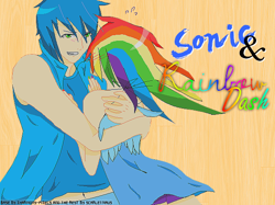 Size: 600x448 | Tagged: safe, artist:shizuarisugawa, artist:xharmony-pixels, rainbow dash, crossover, crossover shipping, female, hug, humanized, love, male, shipping, sonic the hedgehog, sonic the hedgehog (series), sonicdash, straight, why, winged humanization