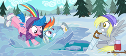 Size: 2163x970 | Tagged: safe, artist:sorcerushorserus, derpy hooves, firefly, rainbow dash, pegasus, pony, comic:dash academy, g1, female, g1 to g4, generation leap, ice, ice skating, mare, saw, sitting, winter