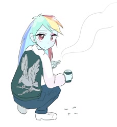 Size: 661x721 | Tagged: safe, artist:nemucure, derpibooru import, rainbow dash, equestria girls, cigarette, crouching, littering, simple background, smoking, solo