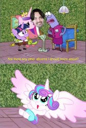 Size: 1000x1487 | Tagged: safe, princess cadance, princess flurry heart, twilight sparkle, twilight sparkle (alicorn), alicorn, pony, the crystalling, alicorn drama, caption, drama, image macro, larsonism, m.a. larson, m.a. larson's beautiful smile, meme, opposite day, spongebob squarepants, text