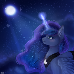 Size: 800x795 | Tagged: safe, artist:asttefany, princess luna, alicorn, pony, female, full moon, magic, mare, moon, scenery, sky, solo