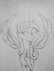 Size: 3120x4160 | Tagged: safe, artist:rocket-lawnchair, artist:sonicontinuum, princess cadance, alicorn, pony, black and white, bottle, grayscale, hoof hold, hot sauce, monochrome, smug, spread wings, traditional art, wings