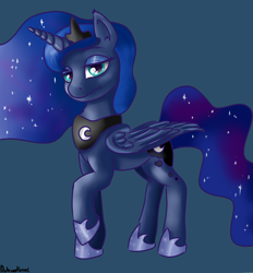 Size: 1560x1680 | Tagged: safe, artist:dukevonkessel, princess luna, alicorn, pony, ethereal mane, eyeshadow, female, hoof shoes, horn, jewelry, lidded eyes, looking at you, makeup, mare, raised hoof, solo, wings