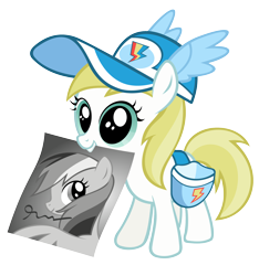Size: 2500x2667 | Tagged: safe, artist:breadking, lemon daze, rainbow dash, earth pony, pegasus, pony, the mysterious mare do well, autograph, cap, cute, female, filly, hat, mouth hold, poster, rainbow dash fanclub, saddle bag, simple background, solo, transparent background, vector