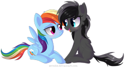 Size: 1280x698 | Tagged: safe, artist:sevedie, derpibooru import, rainbow dash, oc, oc:shadow, pegasus, pony, blushing, canon x oc, femboy, male, missing cutie mark, shipping, simple background, straight, transparent background, trap