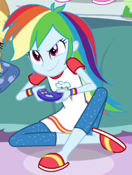 Size: 274x365 | Tagged: safe, derpibooru import, screencap, applejack, rainbow dash, equestria girls, rainbow rocks, clothes, controller, slippers, solo focus