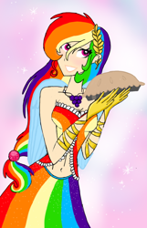 Size: 720x1121 | Tagged: safe, artist:tsundra, derpibooru import, rainbow dash, human, belly button, clothes, dress, gala dress, humanized, midriff, solo