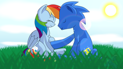 Size: 1920x1080 | Tagged: safe, artist:dekomaru, rainbow dash, oc, oc:sonic dash, pegasus, pony, canon x oc, commission, crossover shipping, female, love, male, ponified, preggo dash, pregnant, shipping, sonic the hedgehog, sonic the hedgehog (series), sonicdash, straight