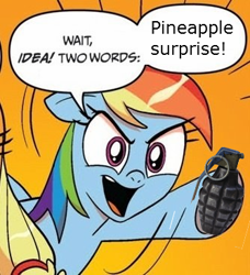 Size: 334x366 | Tagged: safe, rainbow dash, pegasus, pony, deadpool, exploitable meme, grenade, marvel vs capcom 3, meme, two words meme