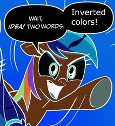 Size: 334x366 | Tagged: safe, rainbow dash, earth pony, pegasus, pony, blonde mane, blue coat, blue wings, color inversion, dialogue, exploitable meme, female, inverted colors, mare, meme, multicolored hair, open mouth, orange background, raised hoof, raised leg, simple background, smiling, speech bubble, two words meme, underhoof, wings