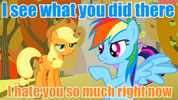 Size: 960x540 | Tagged: safe, derpibooru import, edit, edited screencap, screencap, applejack, rainbow dash, earth pony, pegasus, pony, fall weather friends, blue text, dialogue, female, image macro, meme, orange text, twilight's tail