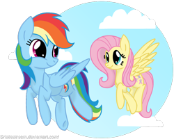 Size: 1000x800 | Tagged: safe, artist:bristlestream, fluttershy, rainbow dash, pegasus, pony, blue coat, female, mare, multicolored mane, pink mane, wings, yellow coat