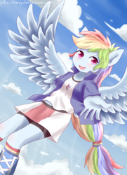 Size: 1300x1800 | Tagged: safe, artist:pika-chany, derpibooru import, rainbow dash, equestria girls, blushing, boots, clothes, female, flying, heart eyes, looking at you, ponied up, shoes, skirt, solo, wingding eyes, wings