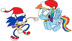 Size: 1946x1130 | Tagged: safe, artist:jazo123, rainbow dash, pegasus, pony, christmas, crossover, santa hat, sonic the hedgehog (series)