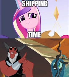 Size: 500x561 | Tagged: safe, edit, edited screencap, screencap, lord tirek, princess cadance, queen chrysalis, alicorn, changeling, changeling queen, pony, the beginning of the end, cute, cutealis, female, male, princess of love, princess of shipping, revenge, shipper on deck, shipping domino, tirebetes