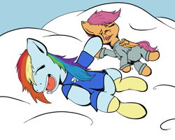 Size: 1000x800 | Tagged: safe, artist:riscke, derpibooru import, rainbow dash, scootaloo, pegasus, pony, bottomless, clothes, cloud, cute, drool, open mouth, pajamas, sleeping, socks