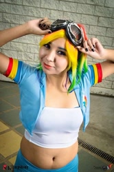 Size: 552x829 | Tagged: safe, derpibooru import, rainbow dash, human, belly button, blue underwear, bra, clothes, cosplay, costume, irl, irl human, midriff, nail polish, photo, see-through, solo, underwear