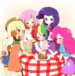 Size: 1024x1038 | Tagged: safe, artist:lotte, derpibooru import, applejack, fluttershy, pinkie pie, rainbow dash, rarity, equestria girls, pinkie pride, appledash, cute, female, food, hot cakes, humanized, lesbian, pancakes, shipping