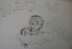 Size: 1024x703 | Tagged: artist needed, source needed, safe, rainbow dash, pegasus, pony, cloud, cloudy, solo, traditional art