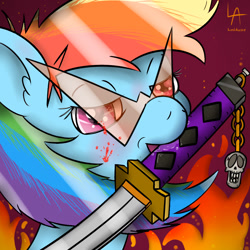 Size: 1024x1024 | Tagged: safe, artist:lordaussie, derpibooru import, rainbow dash, pegasus, pony, anime, kamina sunglasses, katana, mouth hold, solo, sword, tengen toppa gurren lagann, weapon