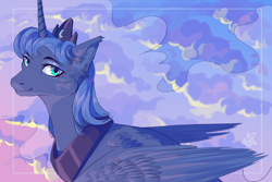 Size: 1904x1274 | Tagged: safe, artist:lunarkisa, artist:ssilverbeeze, princess luna, alicorn, pony, cloud, female, looking at you, mare, s1 luna, solo