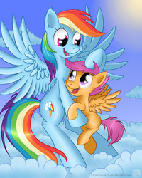 Size: 1000x1250 | Tagged: safe, artist:swanlullaby, rainbow dash, scootaloo, pegasus, pony, female, mare, scootalove, wings