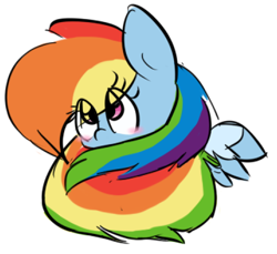 Size: 538x493 | Tagged: safe, artist:redshycup, rainbow dash, pegasus, pony, blushing, curled up, cute, dashabetes, hiding, long mane, long tail, shy, simple background, solo, white background