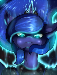 Size: 1480x1973 | Tagged: safe, artist:suirano, princess luna, alicorn, anthro, angry, female, glowing eyes, glowing horn, solo