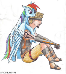 Size: 750x841 | Tagged: safe, artist:backlash91, rainbow dash, human, pony, bipedal, hug