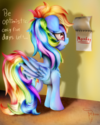 Size: 2400x3000 | Tagged: safe, artist:ferasor, derpibooru import, rainbow dash, pegasus, pony, bed mane, calendar, digital art, floppy ears, fluffy, frown, high res, i hate mondays, monday, morning ponies, open mouth, sad, signature, solo