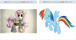 Size: 521x277 | Tagged: safe, fluttershy, rainbow dash, pegasus, pony, exploitable meme, juxtaposition, juxtaposition win, meme