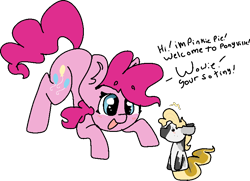 Size: 778x564 | Tagged: safe, artist:nootaz, derpibooru import, pinkie pie, oc, oc:hissy, earth pony, pony, snake, disguise, puppet, simple background, transparent background