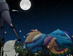 Size: 1024x792 | Tagged: safe, artist:herohart, derpibooru import, rainbow dash, scootaloo, pegasus, pony, cute, moon, night, scootalove, shooting star, sleeping, telescope