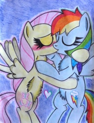 Size: 1024x1332 | Tagged: safe, artist:xquiizitgam3r, fluttershy, rainbow dash, pegasus, pony, blushing, chest fluff, female, flutterdash, heart, kissing, lesbian, shipping