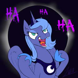 Size: 1500x1500 | Tagged: safe, artist:zoarvek, princess luna, alicorn, pony, atg 2018, evil laugh, fangs, female, laughing, lunacy, mare, newbie artist training grounds, nightmare luna, open mouth, s1 luna, smiling, solo