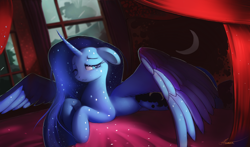 Size: 4000x2350 | Tagged: safe, artist:auroriia, pinkie pie, princess luna, alicorn, earth pony, pony, :<, alternate hairstyle, bed, bedroom, curved horn, cute, drapes, female, floppy ears, large wings, lidded eyes, looking away, lunabetes, mare, missing accessory, one eye closed, prone, redraw, silhouette, solo focus, spread wings, tired, window, wings, wink